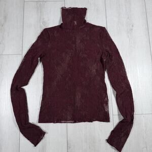 Intimately Free People Women’s XS Maroon Fitted Turtleneck Stretch Sheer Lace